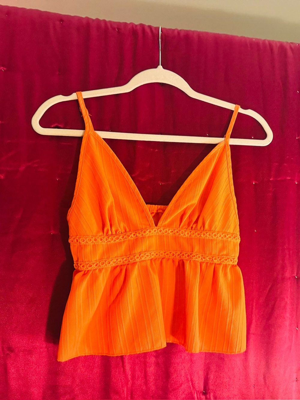 👑 Size Small SHEIN Bright Orange Lace-Trim Spaghetti Strap Peplum Cami